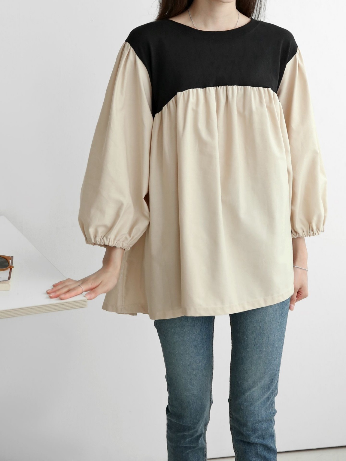 配色ドッキングフレアパフブラウス | 詳細画像7