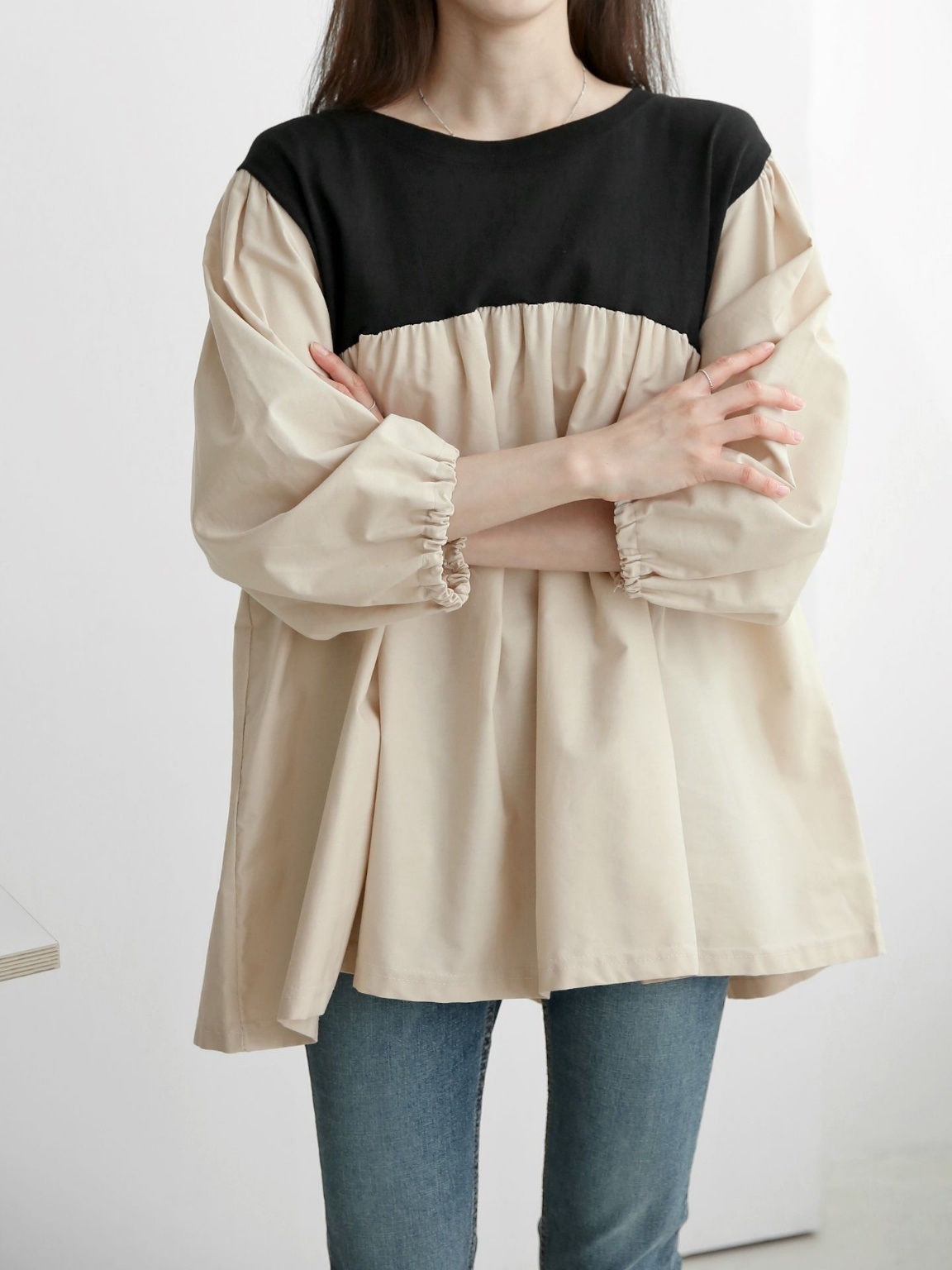 配色ドッキングフレアパフブラウス | 詳細画像9