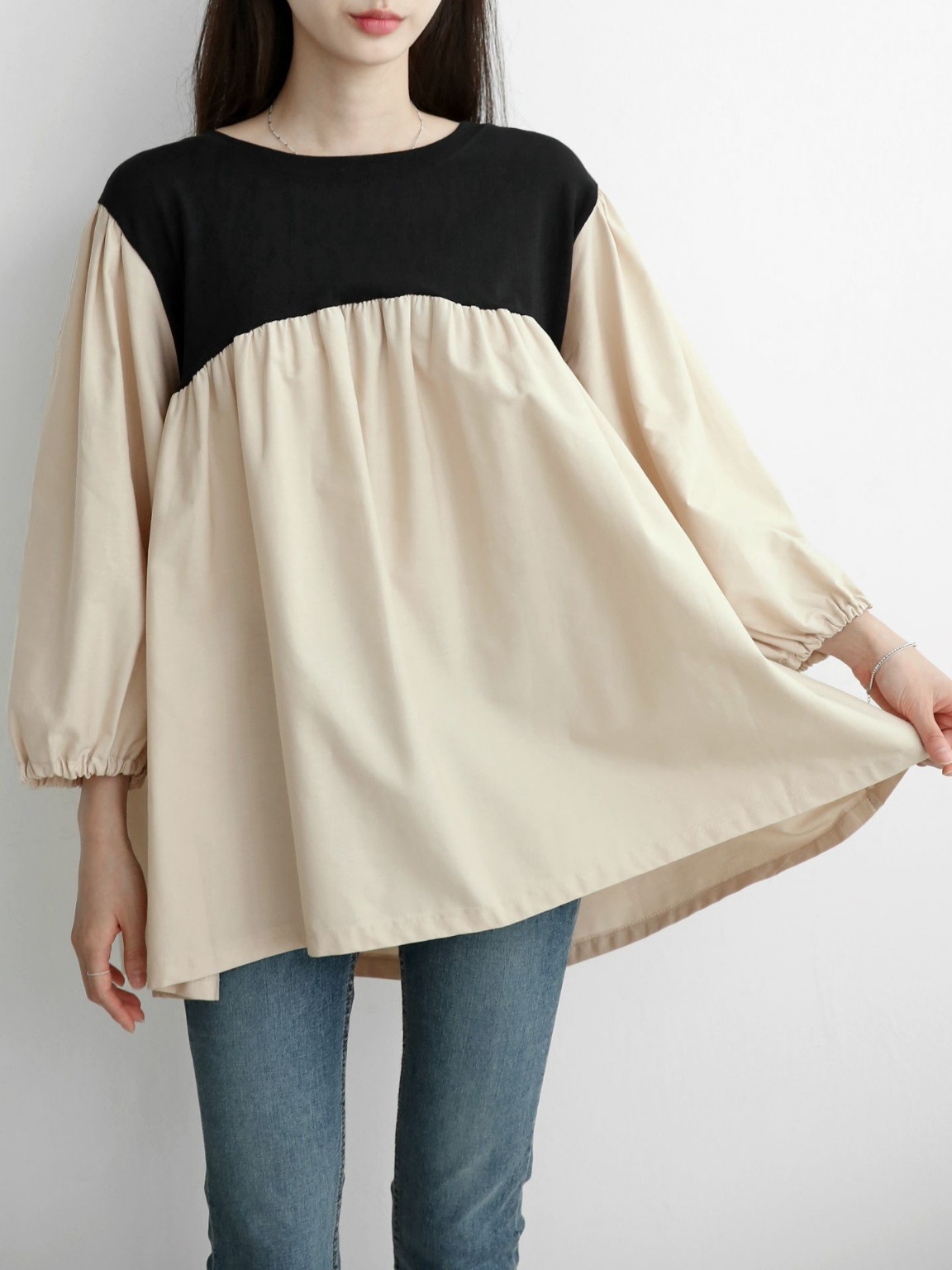 配色ドッキングフレアパフブラウス | 詳細画像11