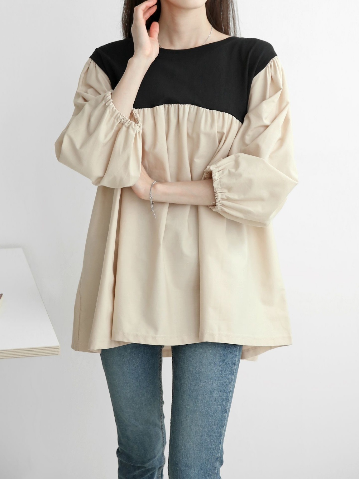 配色ドッキングフレアパフブラウス | 詳細画像14