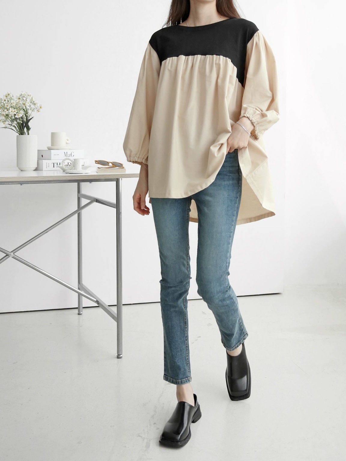 配色ドッキングフレアパフブラウス | 詳細画像18