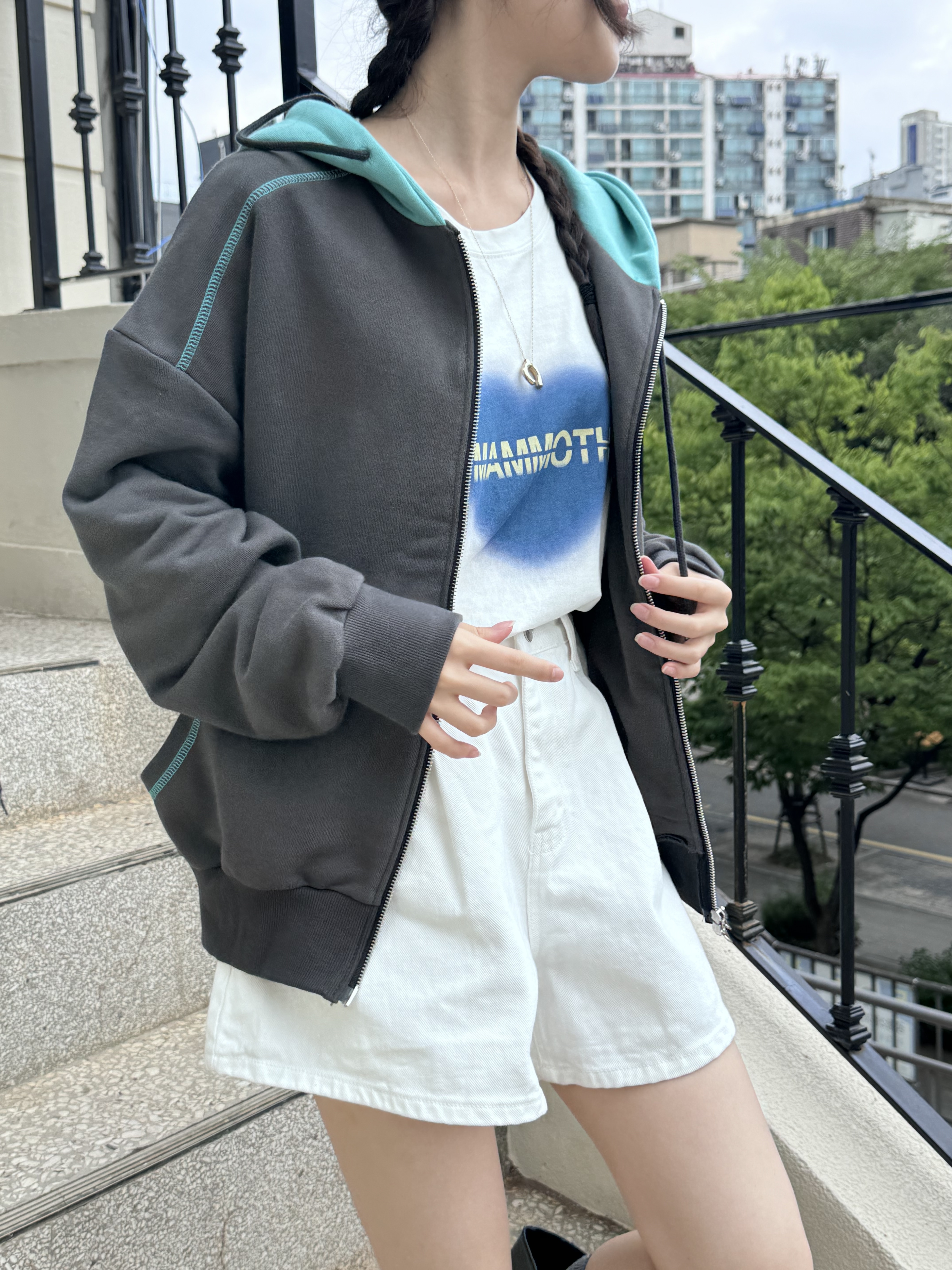 配色ステッチダブルジップパーカー | レディースファッション