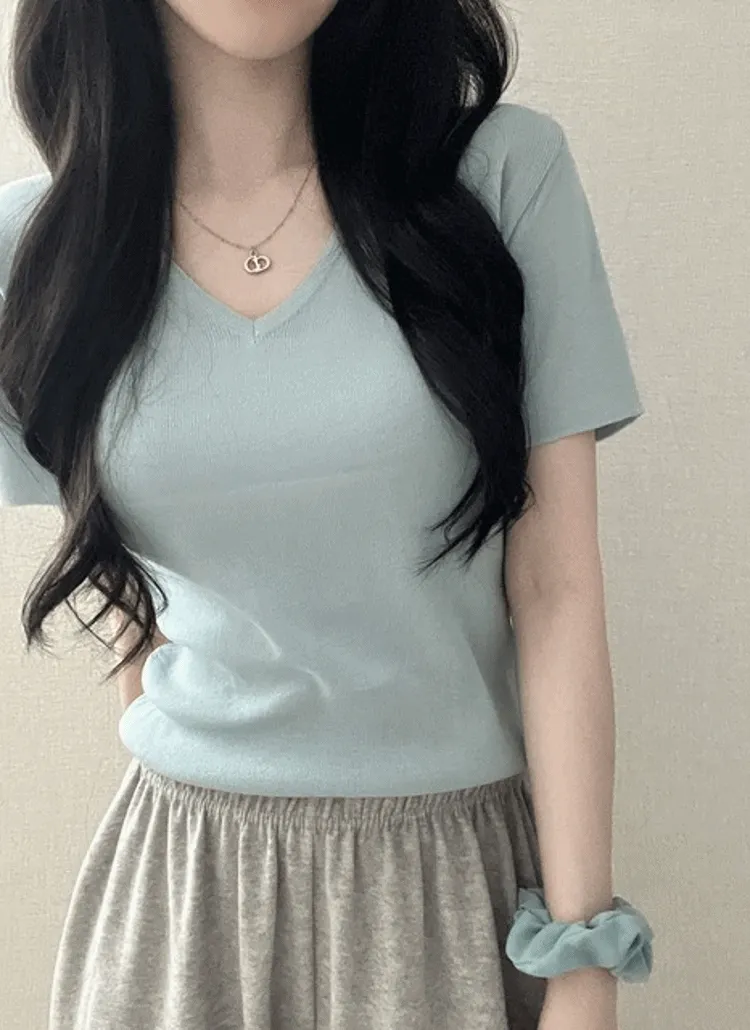 Vネックアクリル半袖ニット | NEEDON | 詳細画像1
