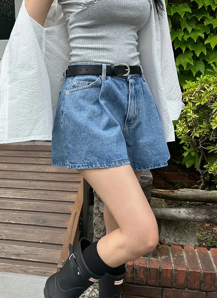 ワンタックAラインショートデニムパンツ(ディープブルーデニム) | yefit | 詳細画像1