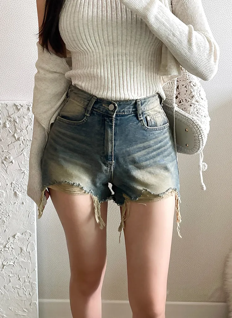 ビンテージクラッシュダメージショートデニムパンツ | yefit | 詳細画像1