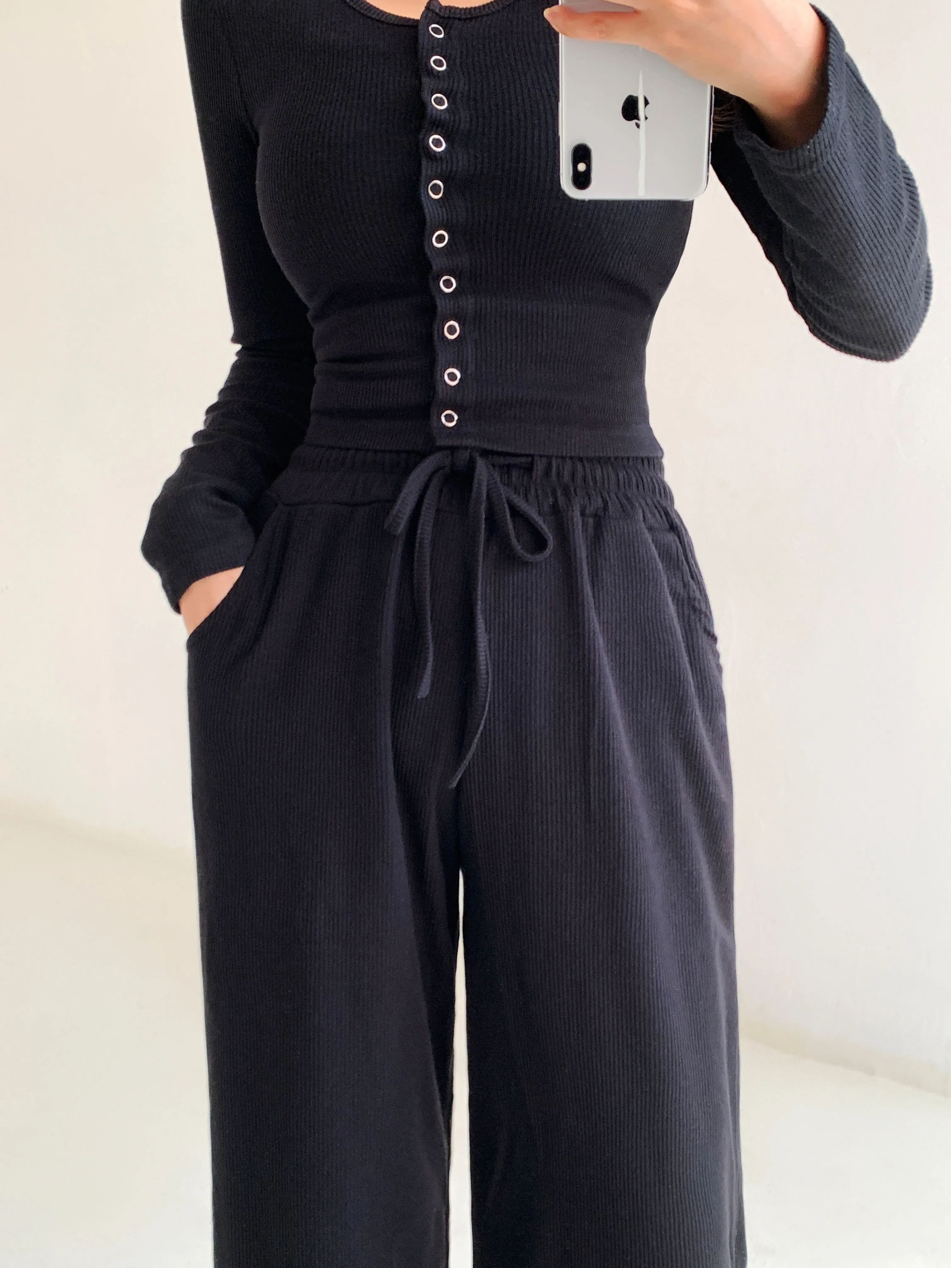 スナップボタンリブTシャツ&ドロストパンツSET | 詳細画像1