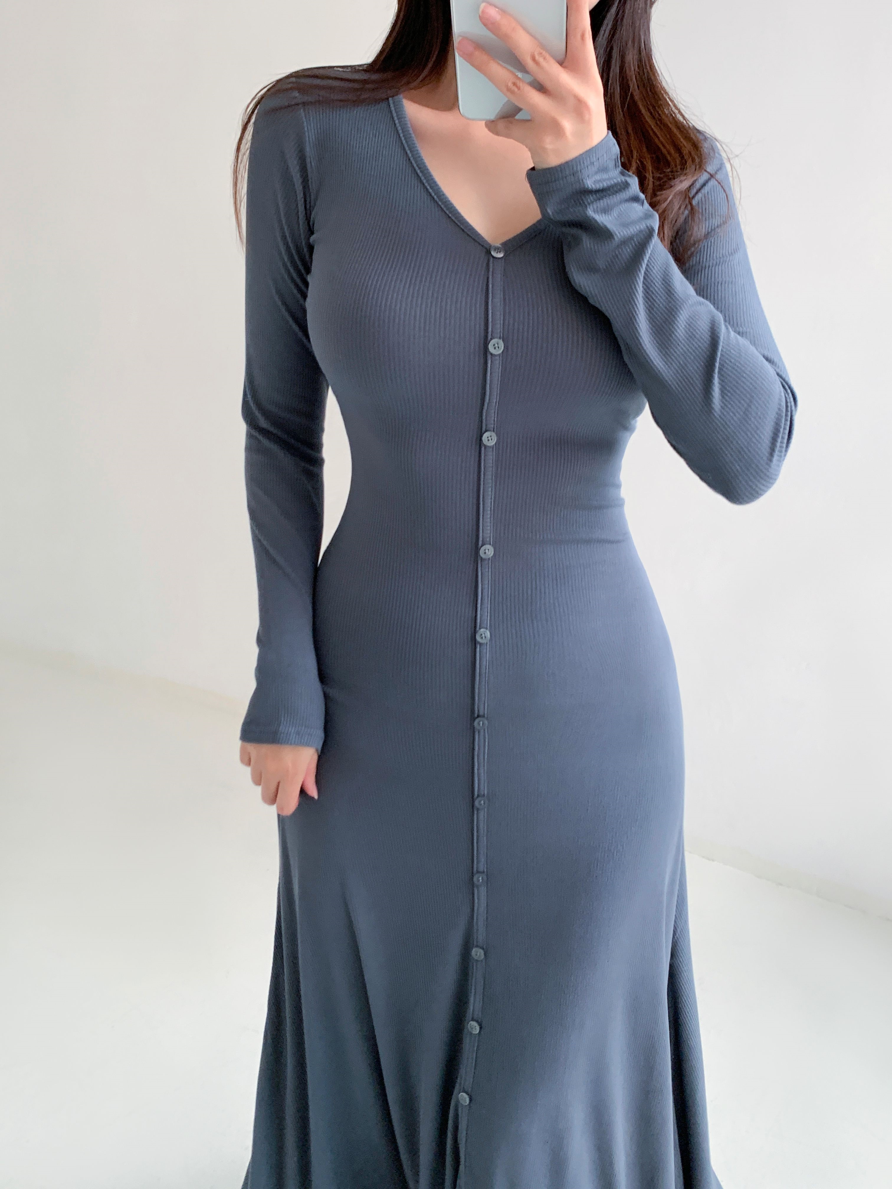 VネックボタンリブAラインワンピース | 詳細画像5