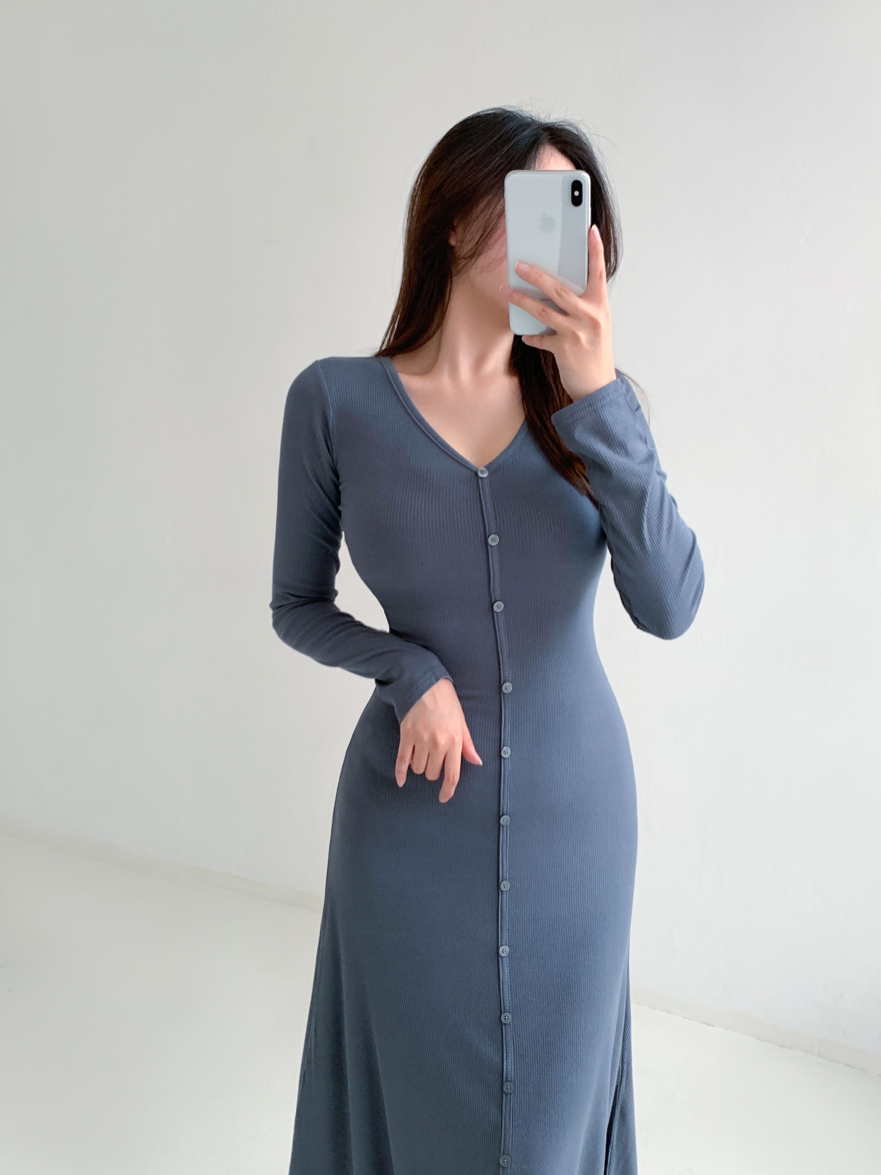 VネックボタンリブAラインワンピース | 詳細画像7