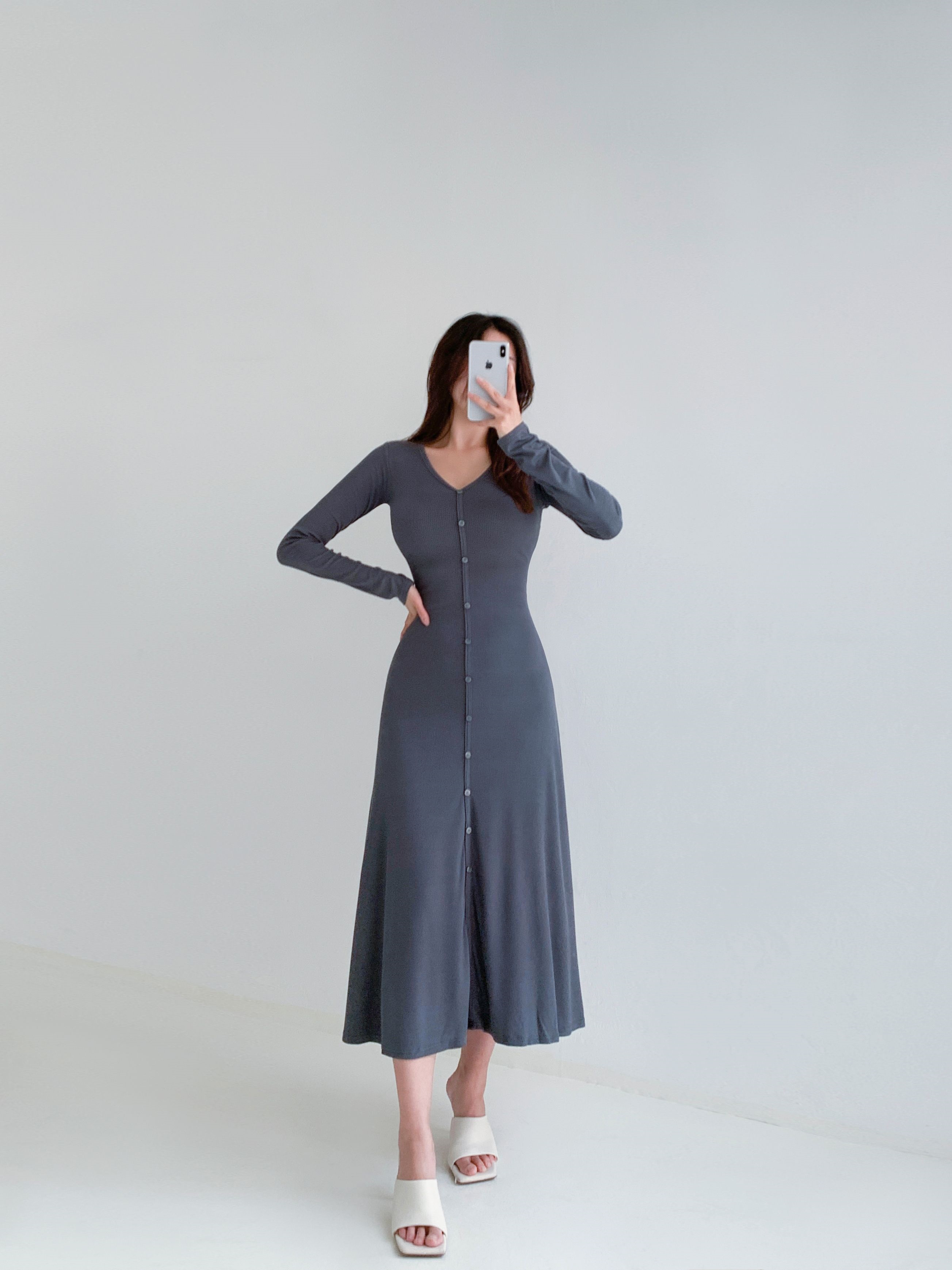 VネックボタンリブAラインワンピース | 詳細画像8