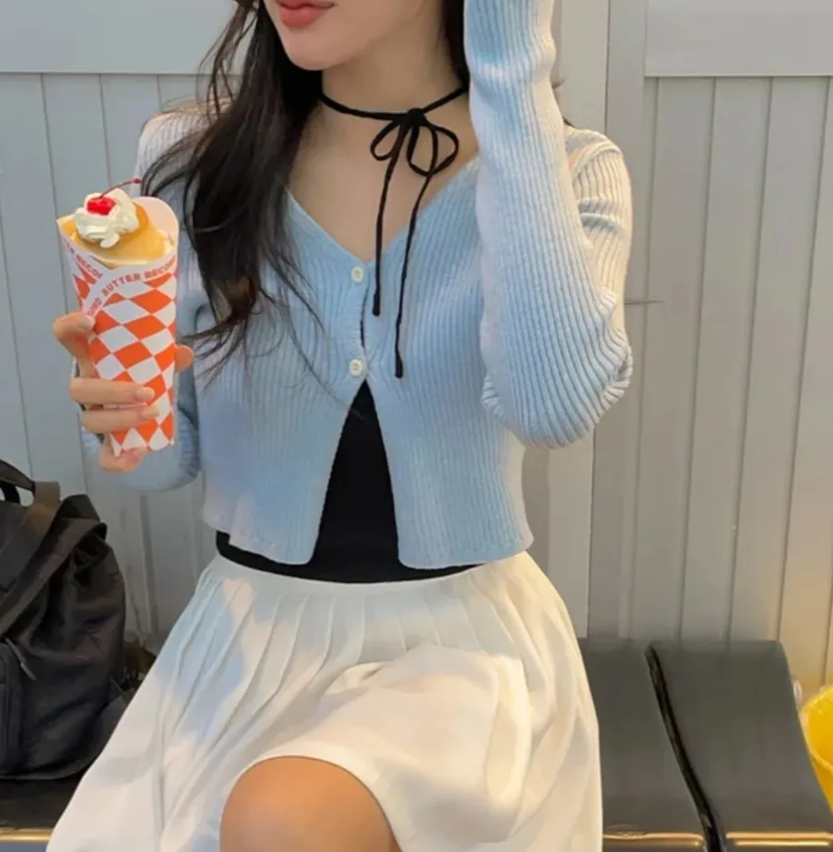 Vネックリブクロップドカーディガン | 詳細画像1