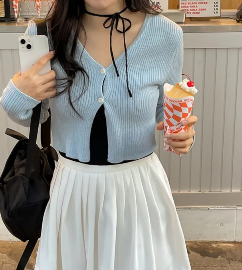 Vネックリブクロップドカーディガン | 詳細画像2