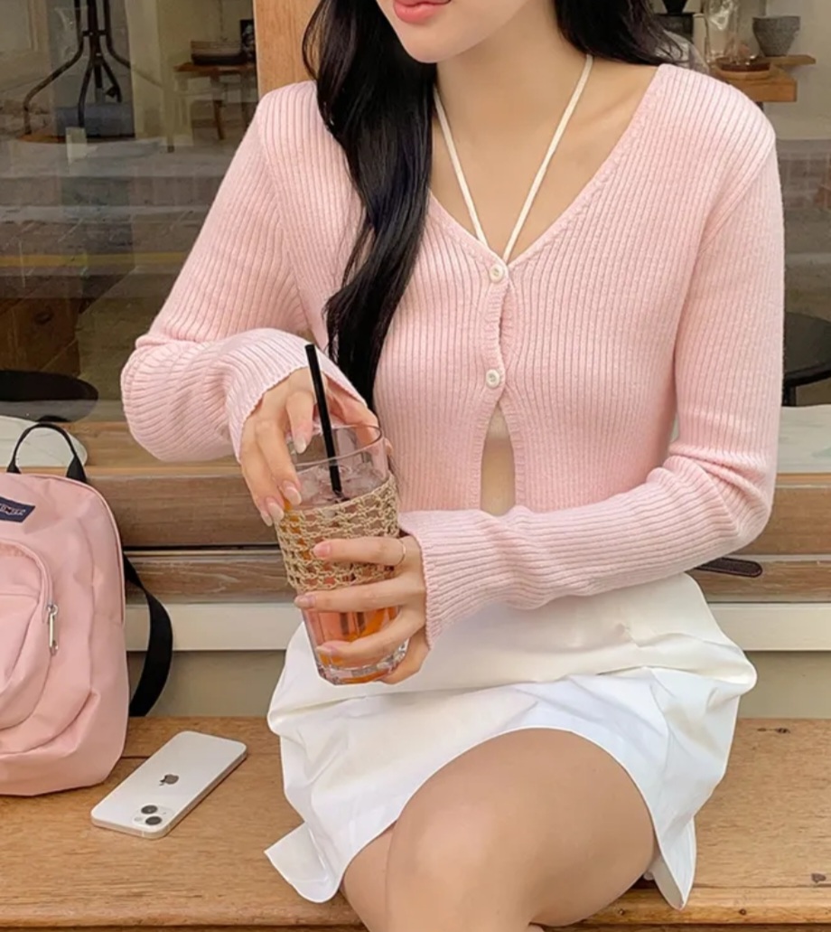 Vネックリブクロップドカーディガン | 詳細画像3