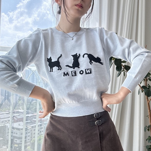 カシミヤ混MEOWキャットクロップドニット | レディースファッション