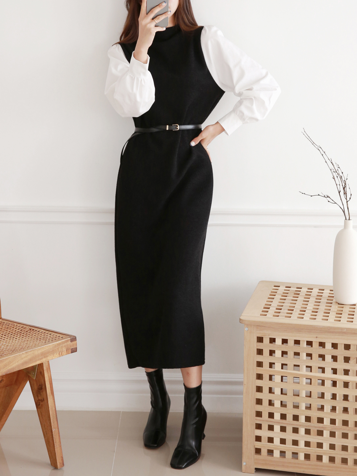 ベルト付パフドッキングリブIラインワンピース | 詳細画像4