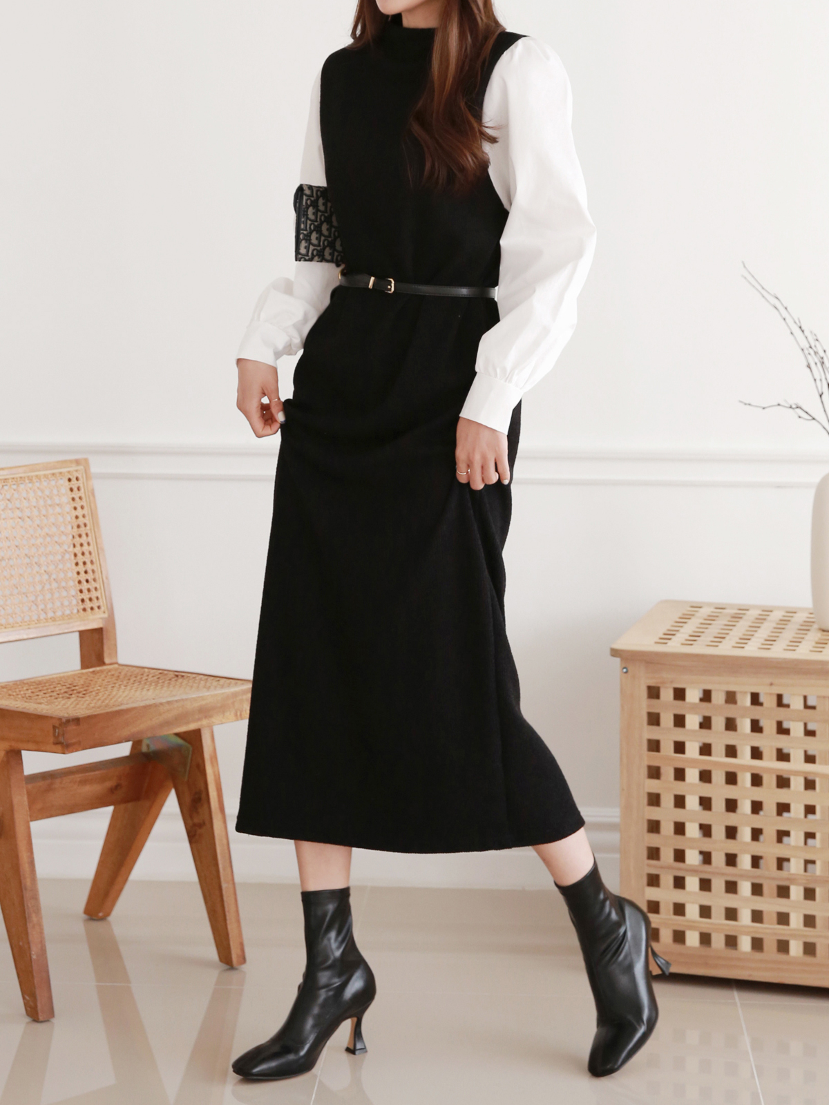 ベルト付パフドッキングリブIラインワンピース | 詳細画像9