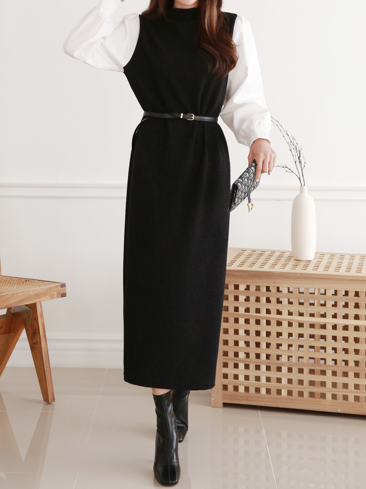 ベルト付パフドッキングリブIラインワンピース | 詳細画像10