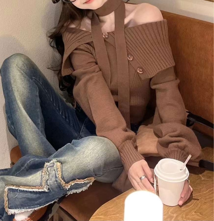 ストラップ付アンバランスボタンカラーオフショルニット | 詳細画像6