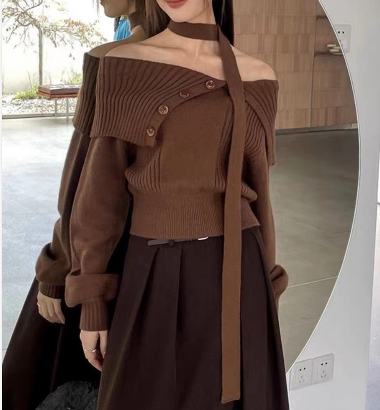 ストラップ付アンバランスボタンカラーオフショルニット | 詳細画像4