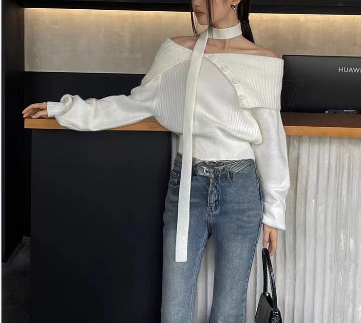 ストラップ付アンバランスボタンカラーオフショルニット | 詳細画像8