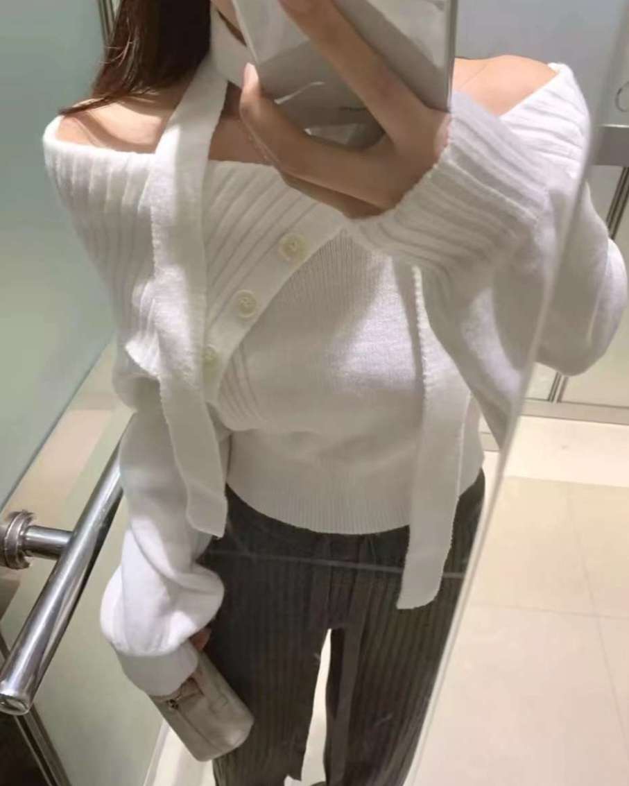 ストラップ付アンバランスボタンカラーオフショルニット | 詳細画像7