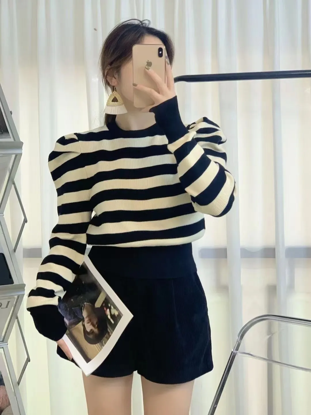 ドロワー パフスリーブニット ボーダー ドゥロワー Drawer カシミア9G  