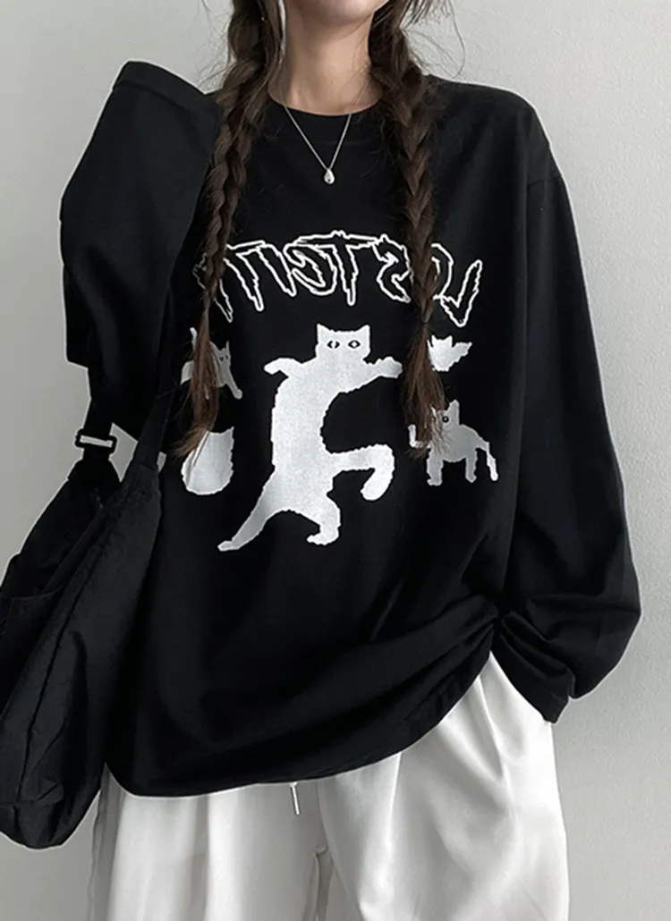 ブラックキャットプリント長袖Tシャツ | hijjoo | 詳細画像1
