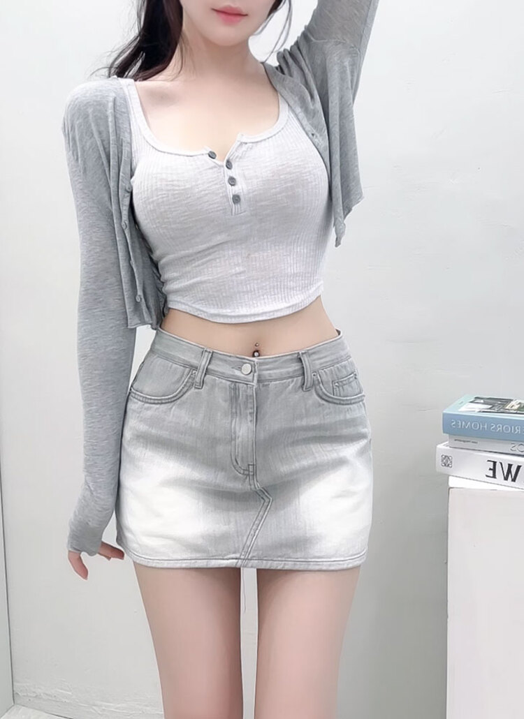 ローライズウォッシュグレーミニデニムスカートパンツ | レディース