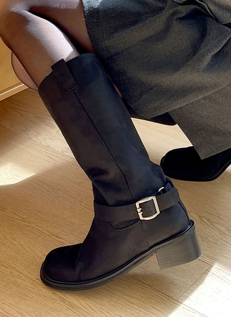サイドベルトエコスエードロングブーツ | レディースファッション通販