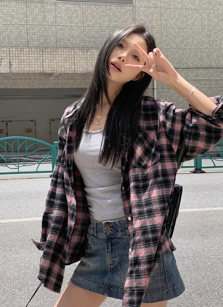 ウール混ルーズワンポケットピンクチェックシャツ | レディース