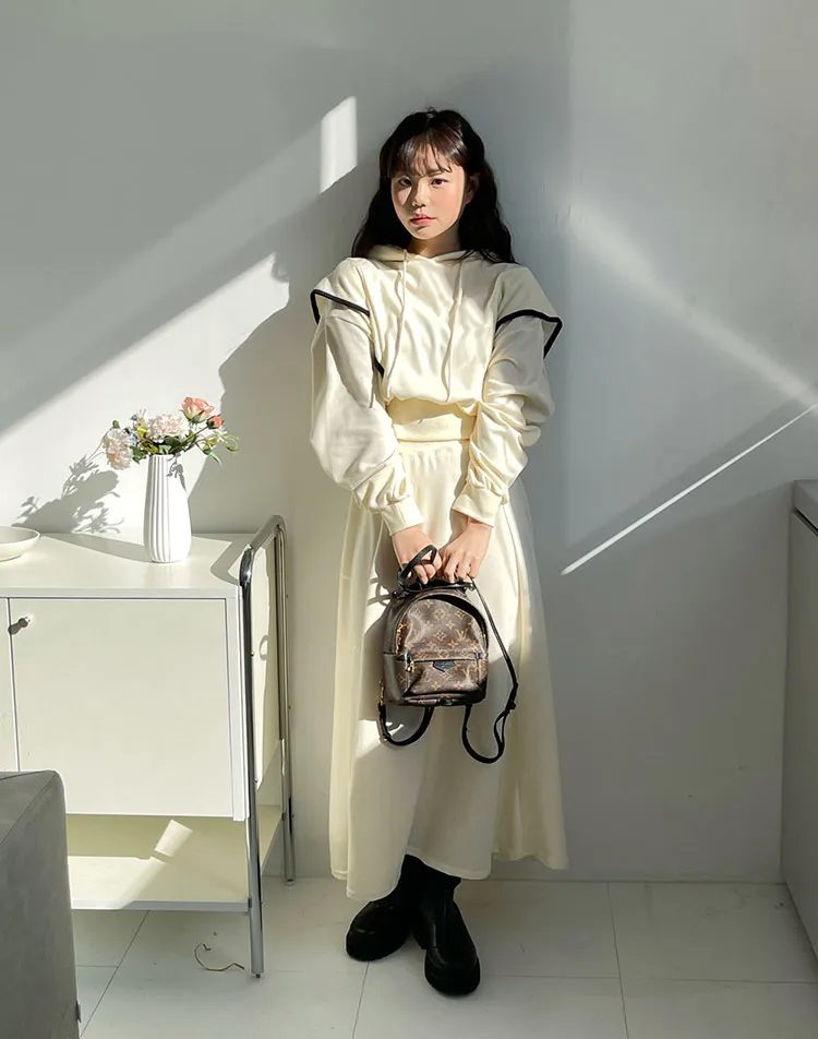 配色ショルダーフリルパーカー&AラインスカートSET | 詳細画像1