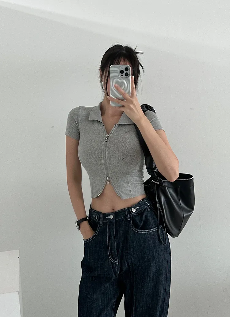 カラーネックスリムジップアップ半袖Tシャツ | yefit | 詳細画像1