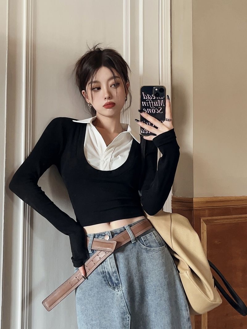 韓国ファッション　dholic レイヤード　シャツ　ニット　トップス シャツレイヤード風クロップドニット | レディースファッション