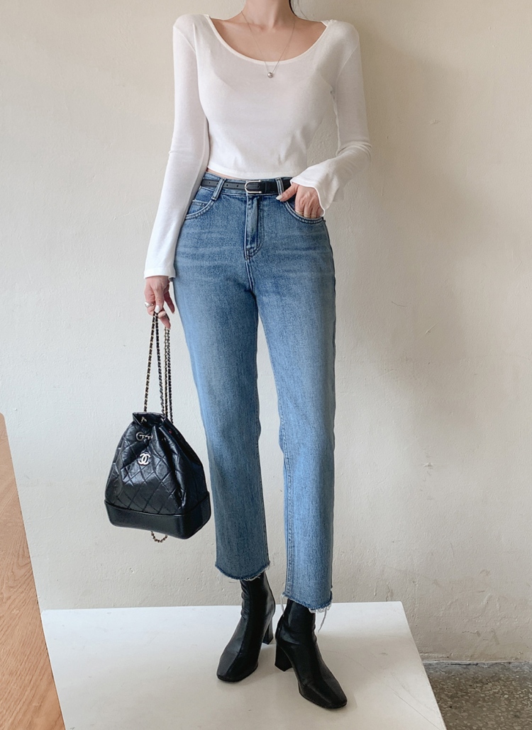 ステッチポケットカットオフストレートデニムパンツ
