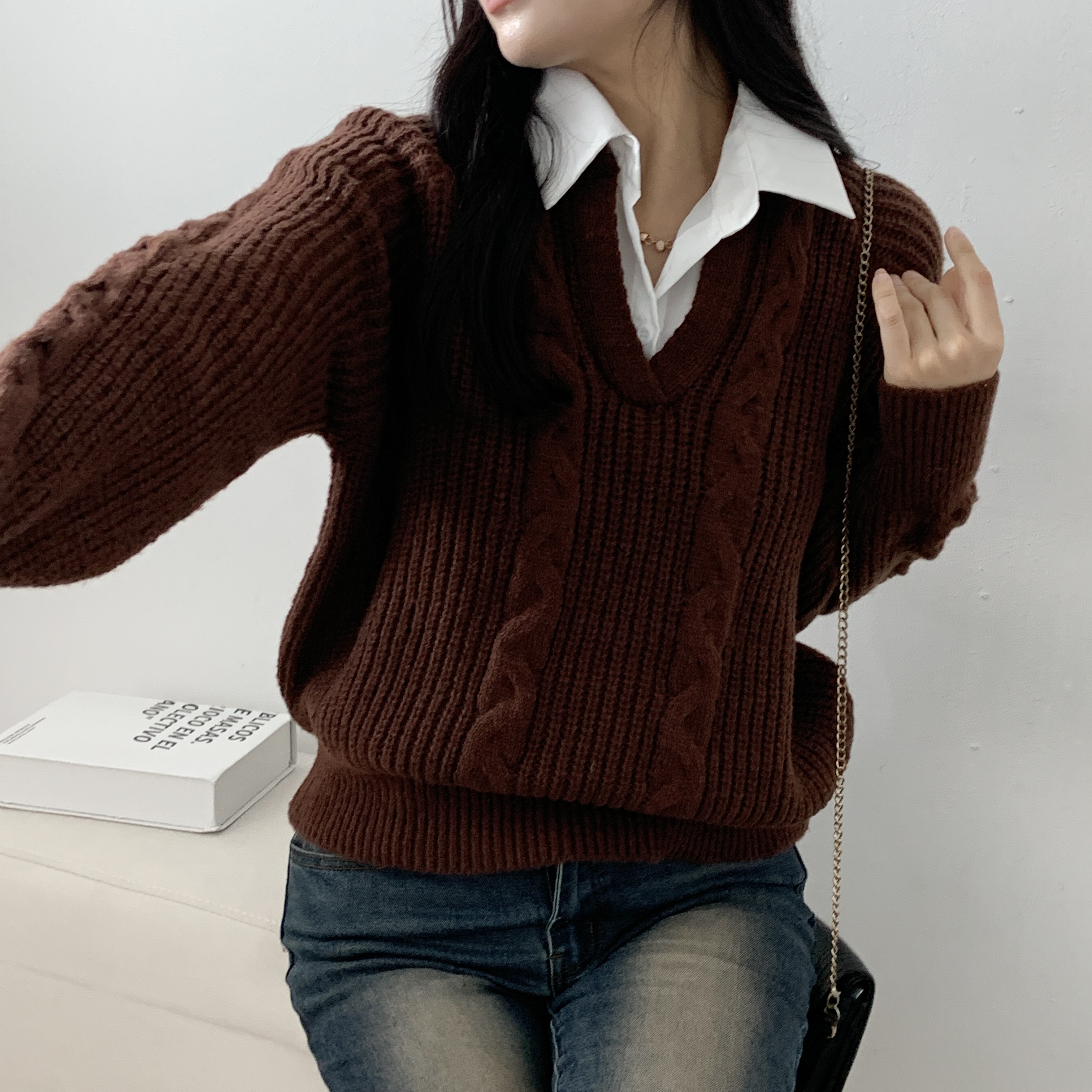 シャツレイヤード風ラグランケーブルニット | 詳細画像6