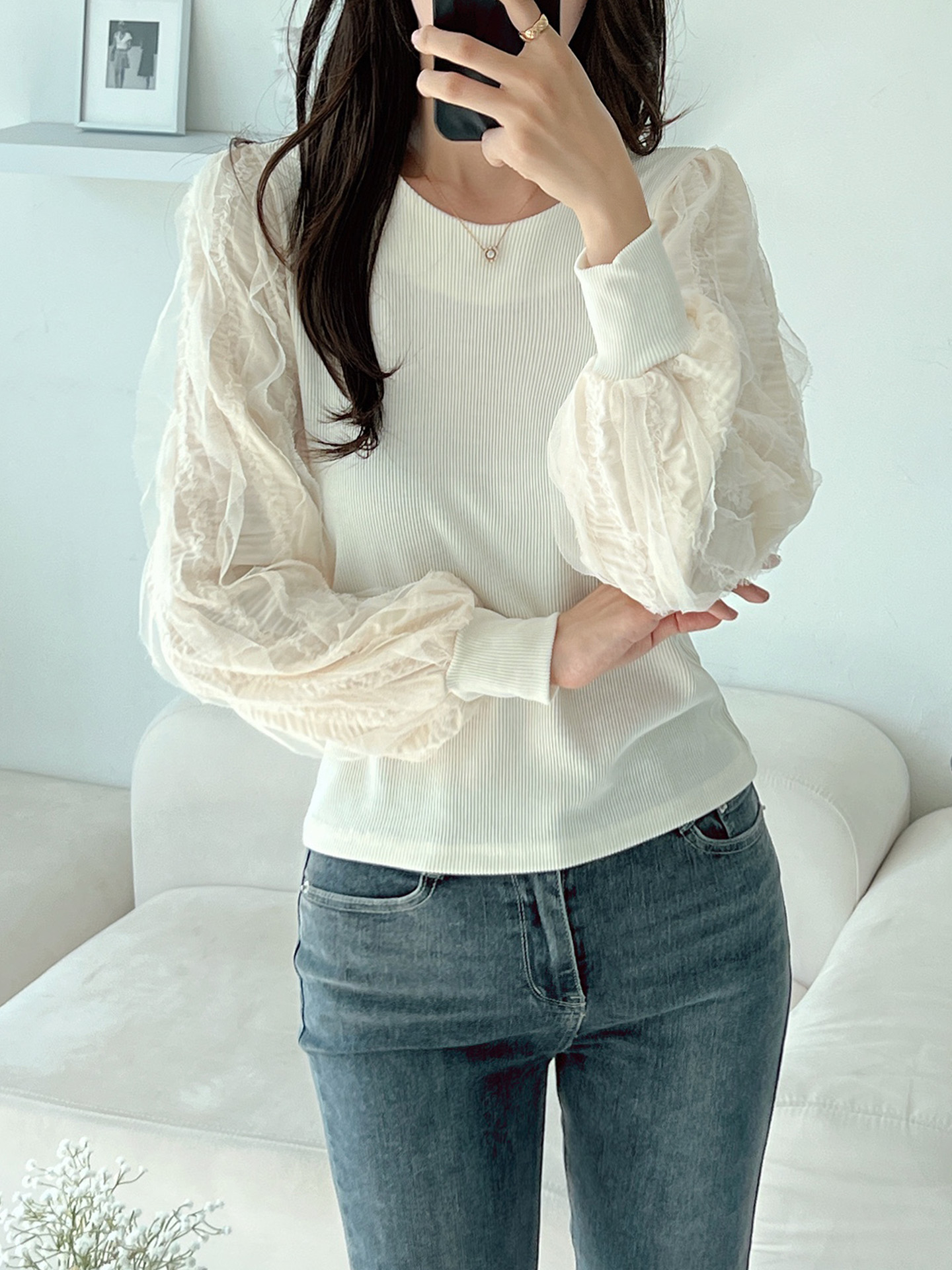 ウェーブフリルパフスリーブリブTシャツ | 詳細画像2