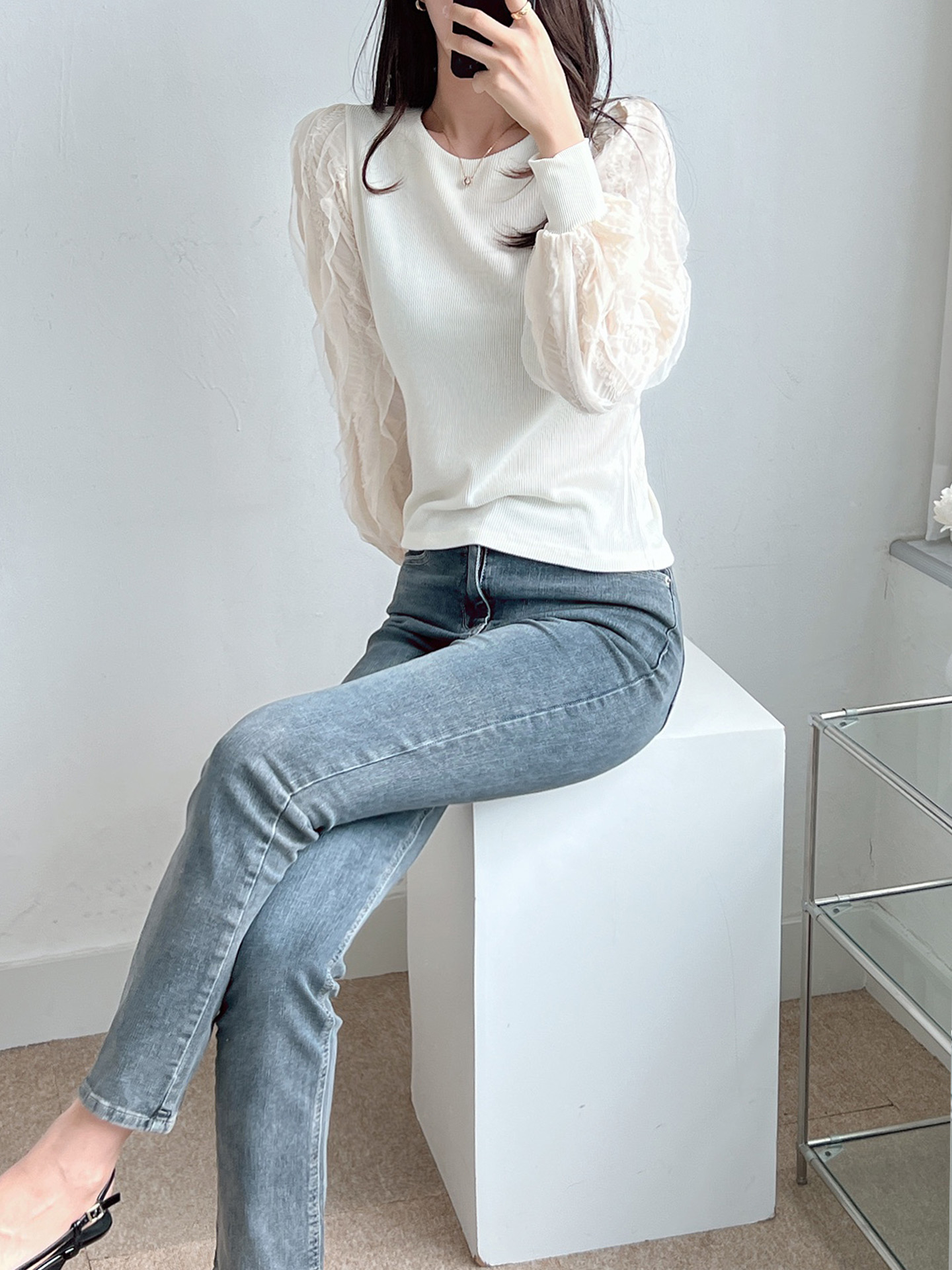 ウェーブフリルパフスリーブリブTシャツ | 詳細画像6