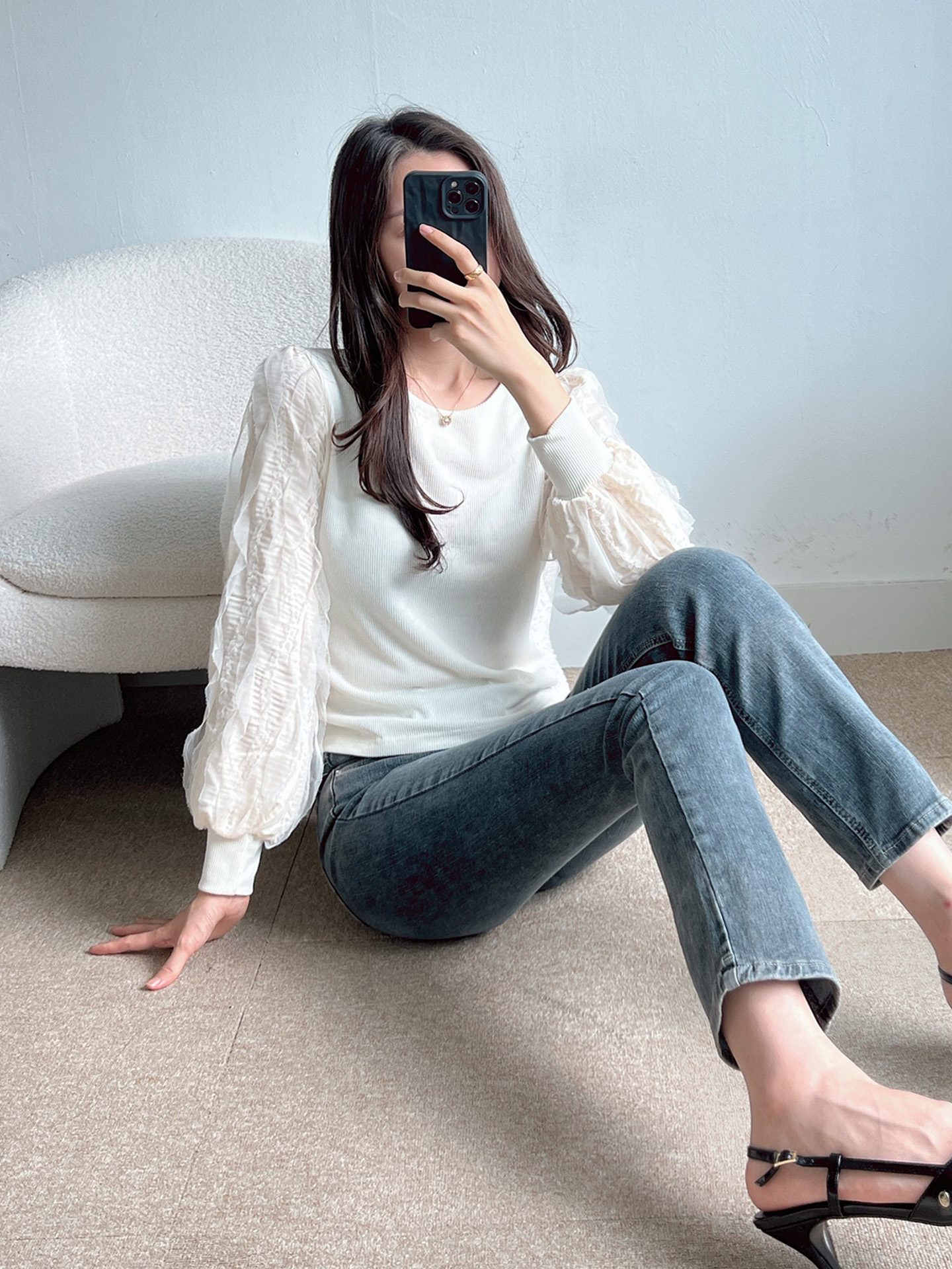 ウェーブフリルパフスリーブリブTシャツ | 詳細画像7