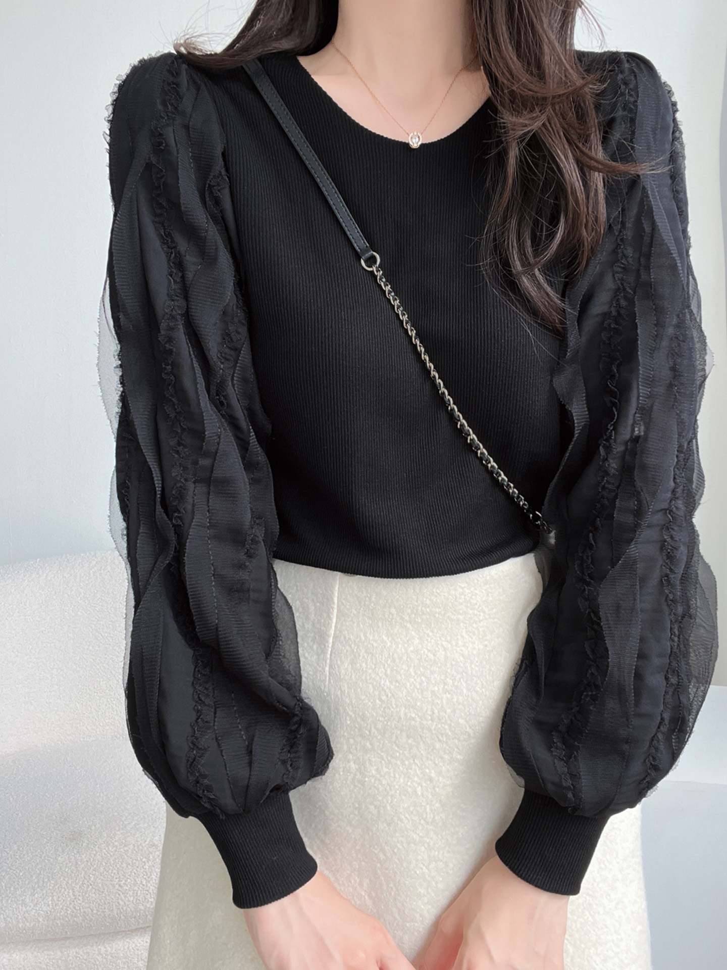 ウェーブフリルパフスリーブリブTシャツ | 詳細画像15