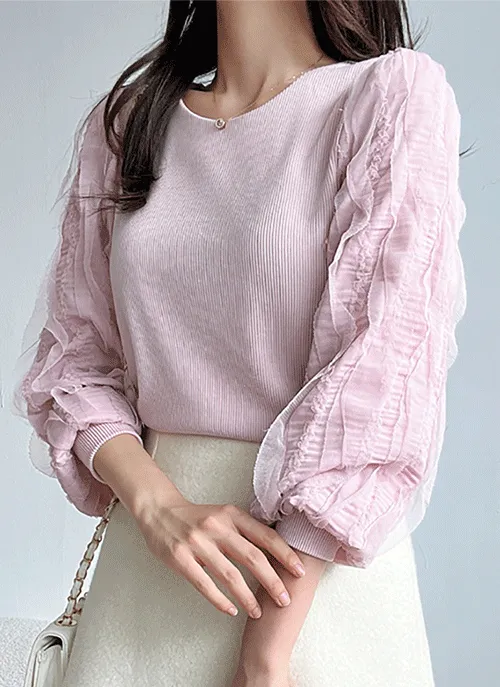 ウェーブフリルパフスリーブリブTシャツ | 詳細画像1