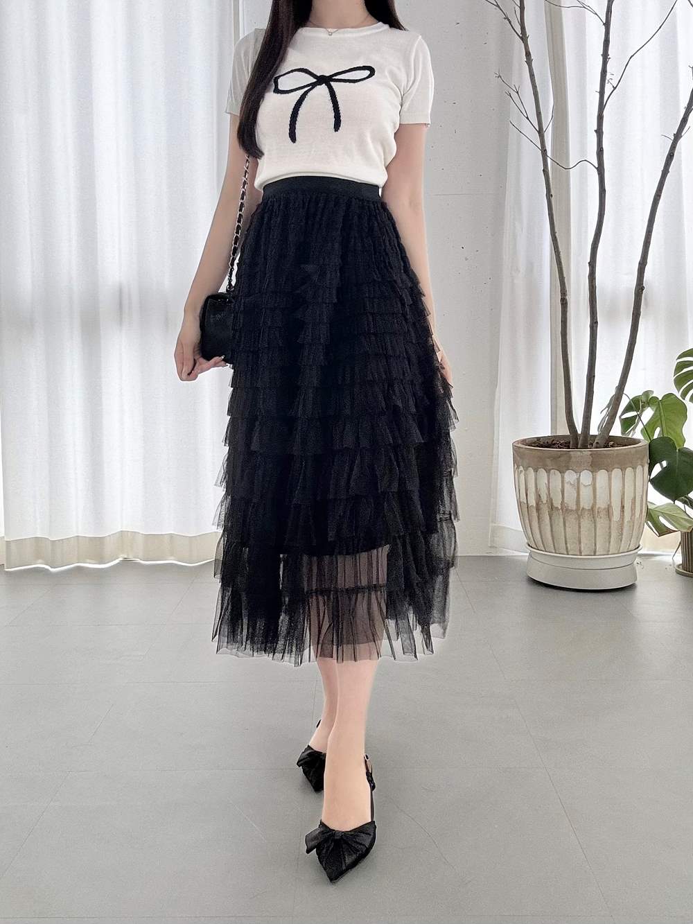 ブラックチュールフリルロングスカート 21色展開 】チュールフリル