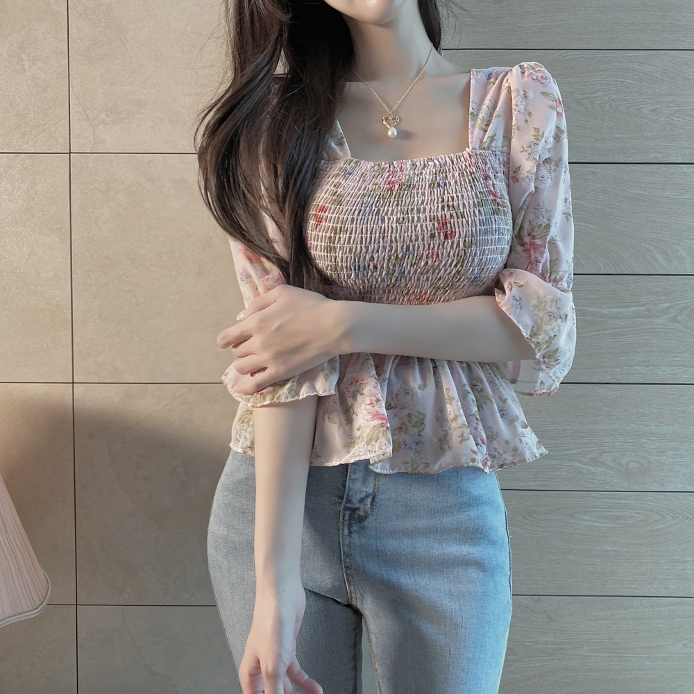 シフォン花柄シャーリングペプラムブラウス | 詳細画像8