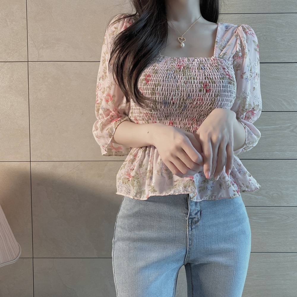シフォン花柄シャーリングペプラムブラウス | 詳細画像9