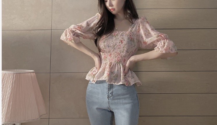 シフォン花柄シャーリングペプラムブラウス | 詳細画像12