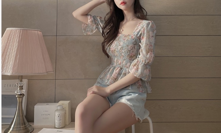 シフォン花柄シャーリングペプラムブラウス | 詳細画像3