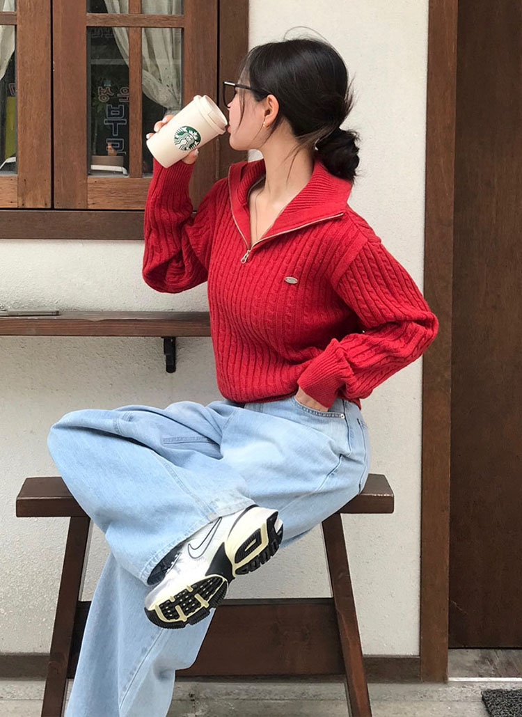 beidelli made]2WAYネックハーフジップケーブルニット