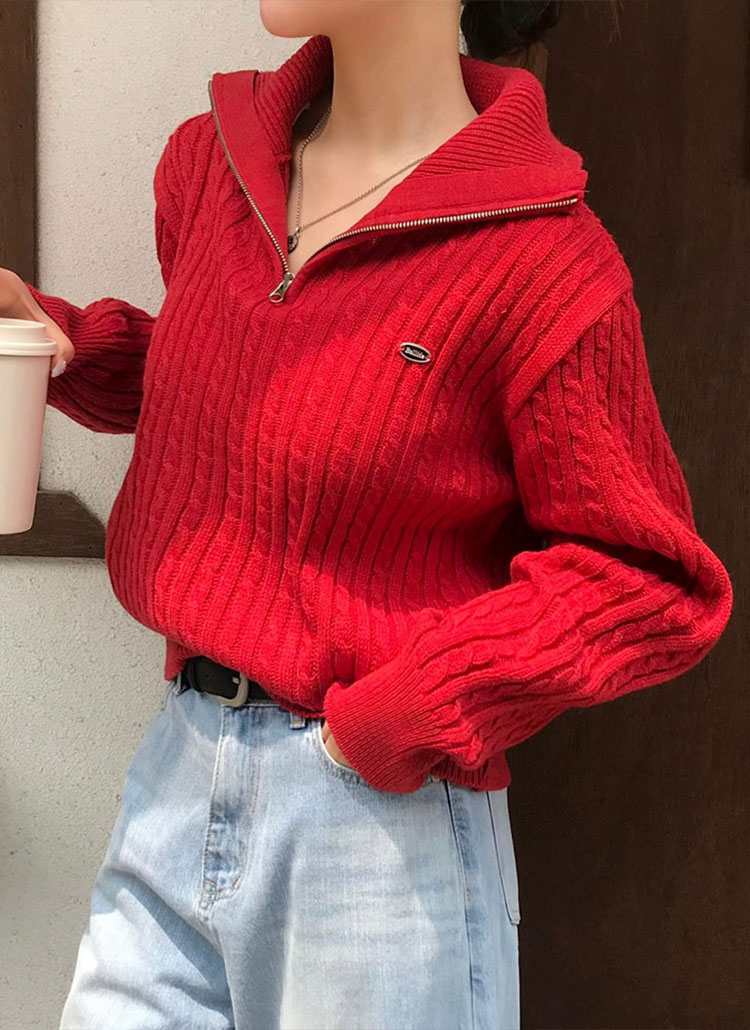 beidelli made]2WAYネックハーフジップケーブルニット