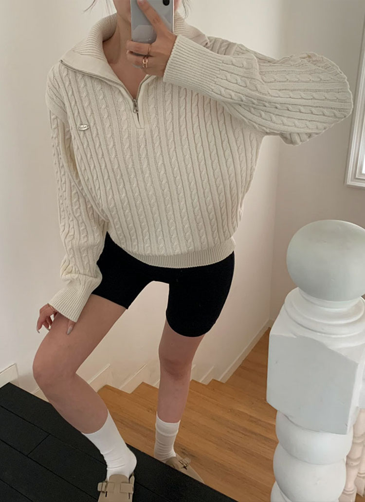 beidelli made]2WAYネックハーフジップケーブルニット