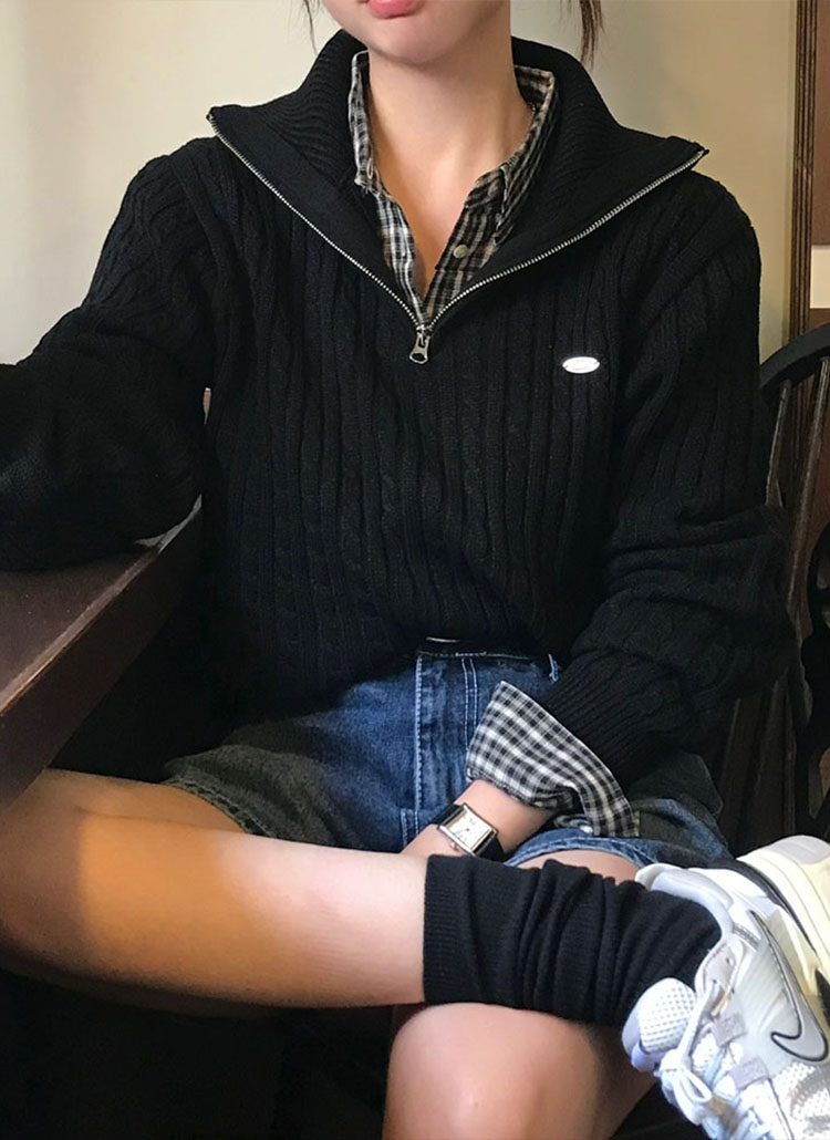 beidelli made]2WAYネックハーフジップケーブルニット