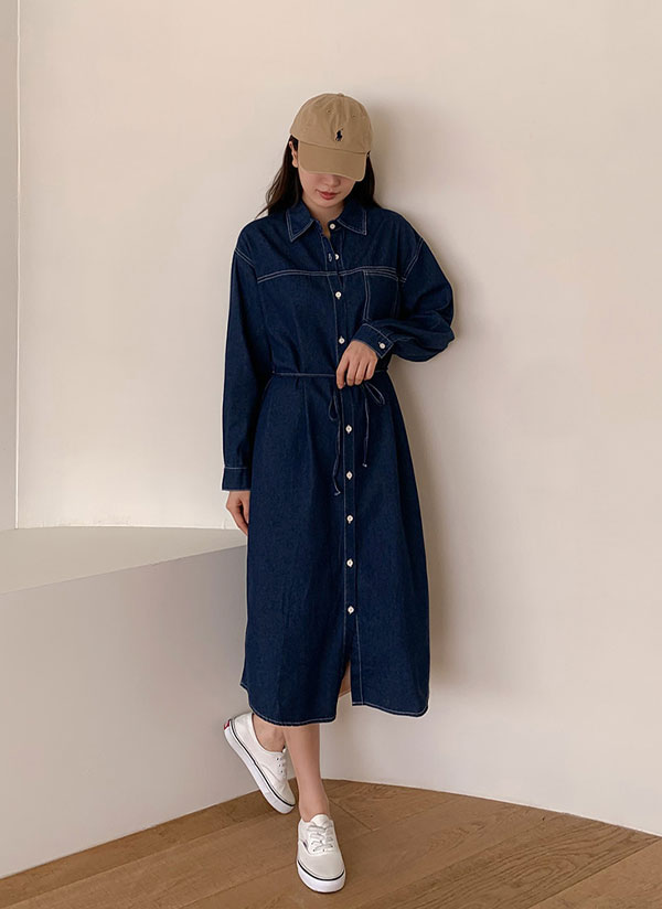 ストラップ付ワンポケットロングデニムシャツワンピース | レディース