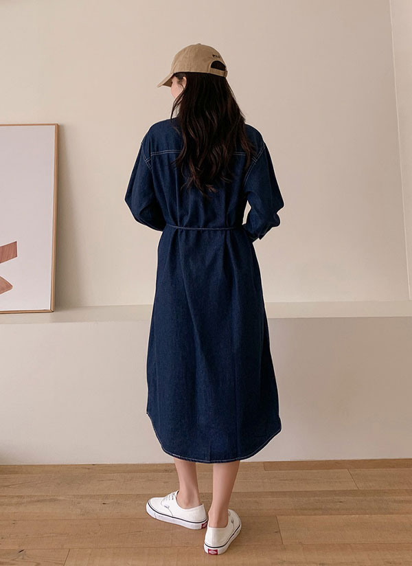 デニムワンピース 長袖 春服 秋物 前ボタン 前開き デニム